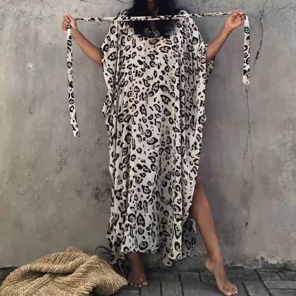 SOLD OUT New Leopard Animal Print Bohemian Kaftan Kimono Dress Coverup - Picture 3 of 8